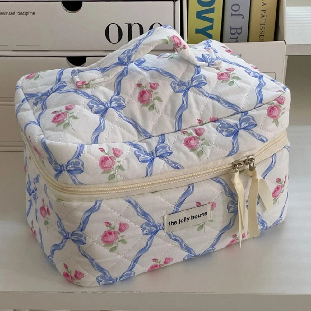 Cute Bow Flower Zipper Quilting Cotton Makeup Bag- 2 Piece